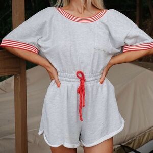 Gray and Red Jumpsuit with Drawstring